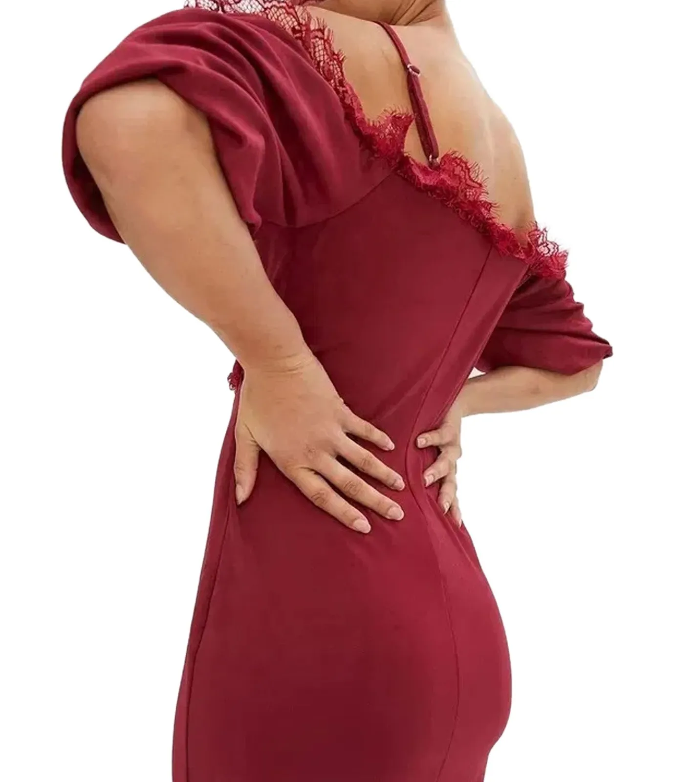 Kleider*O46bpx Damen Spitzen-Kleid schulterfreies Mini-Kleid mit dünnen, verstellbaren Trägern 951142 Burgunder-Rot