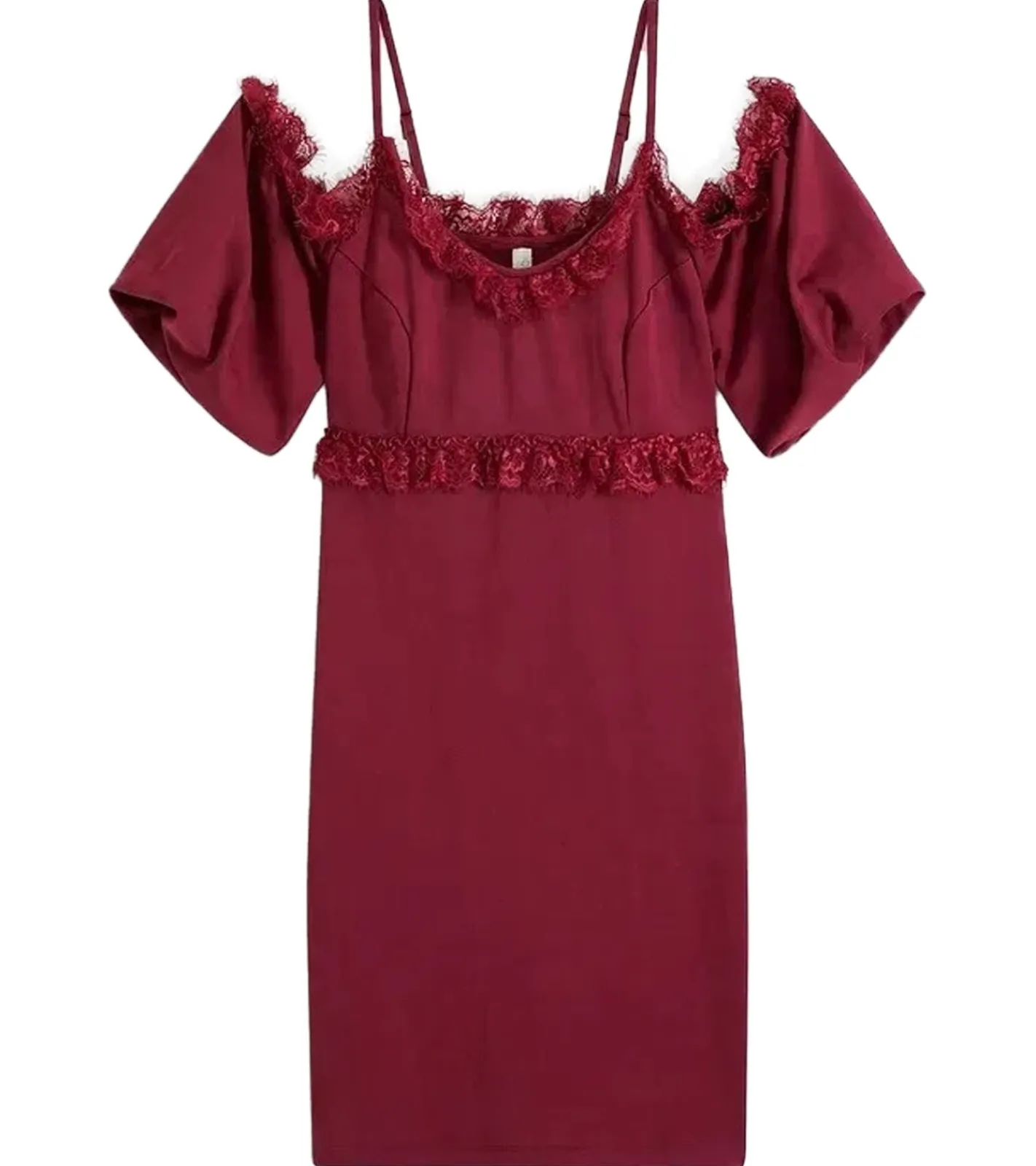 Kleider*O46bpx Damen Spitzen-Kleid schulterfreies Mini-Kleid mit dünnen, verstellbaren Trägern 951142 Burgunder-Rot
