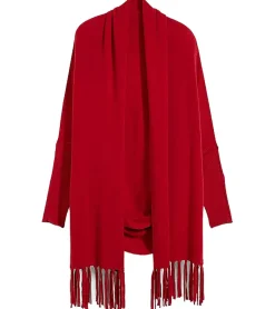 Sweater & Pullover|Strickjacken & Cardigans*O46bpx Damen Strick-Jacke aus Merino-Wolle lange Strickjacke mit Schal Poncho 915115 Rot