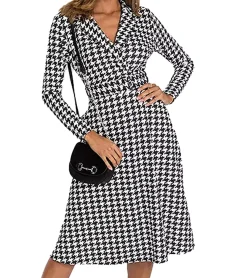 Kleider*O46bpx Damen Strick-Kleid Business-Kleid im Hahnentrittmuster mit Gürtel Langarm-Kleid 912240 Weiß/Schwarz