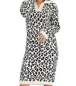 Kleider*O46bpx Damen Strick-Kleid Business-Kleid mit Leopardenmuster Langarm-Kleid 971225 Weiß/Schwarz