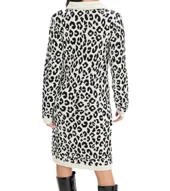 Kleider*O46bpx Damen Strick-Kleid Business-Kleid mit Leopardenmuster Langarm-Kleid 971225 Weiß/Schwarz