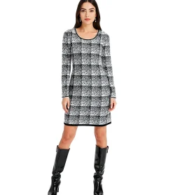 Kleider*O46bpx Damen Strick-Kleid im Karomuster Mini-Kleid mit langen Ärmeln 975864 Schwarz/Weiß