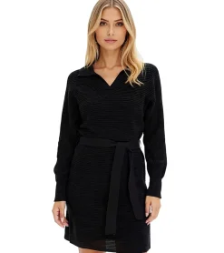 Kleider*O46bpx Damen Strick-Kleid Mini-Kleid mit Polo-Kragen Langarm-Kleid Baumwoll-Kleid 905509 Schwarz