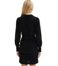 Kleider*O46bpx Damen Strick-Kleid Mini-Kleid mit Polo-Kragen Langarm-Kleid Baumwoll-Kleid 905509 Schwarz