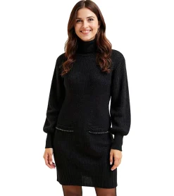 Kleider*O46bpx Damen Strick-Kleid Mini-Kleid mit Rollkragen Langarm-Kleid 933115 Schwarz