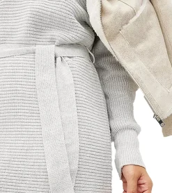 Kleider*O46bpx Damen Strick-Kleid Mini-Kleid mit Polo-Kragen Langarm-Kleid Baumwoll-Kleid 917467 Grau