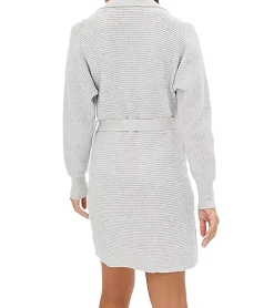 Kleider*O46bpx Damen Strick-Kleid Mini-Kleid mit Polo-Kragen Langarm-Kleid Baumwoll-Kleid 917467 Grau