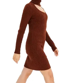 Große Größen|Kleider*O46bpx Damen Strick-Kleid Mini-Kleid mit Rollkragen und Ausschnittdetails Langarm-Kleid in Mahagoni-Braun oder Dunkel-Blau