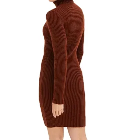 Große Größen|Kleider*O46bpx Damen Strick-Kleid Mini-Kleid mit Rollkragen und Ausschnittdetails Langarm-Kleid in Mahagoni-Braun oder Dunkel-Blau