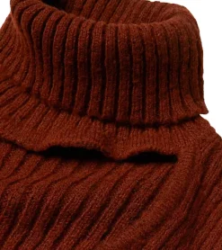 Große Größen|Kleider*O46bpx Damen Strick-Kleid Mini-Kleid mit Rollkragen und Ausschnittdetails Langarm-Kleid 979792 Mahagoni-Braun