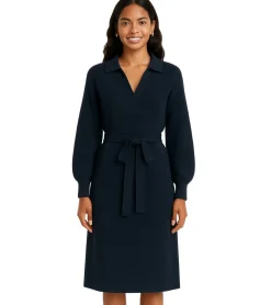 Kleider*O46bpx Damen Strick-Kleid Mini-Kleid mit Polo-Kragen Langarm-Kleid Baumwoll-Kleid 913278 Dunkelblau