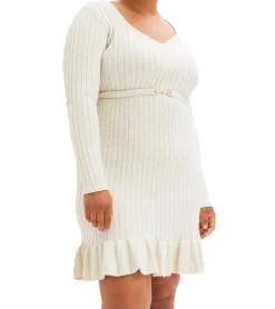 Große Größen|Kleider*O46bpx Damen Strick-Kleid Mini-Kleid mit Volant und Zierschnalle Langarm-Kleid Große Größen 924580 Creme meliert