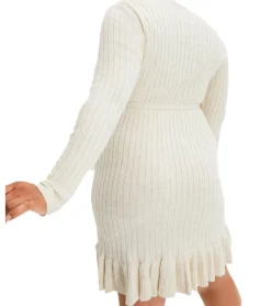 Große Größen|Kleider*O46bpx Damen Strick-Kleid Mini-Kleid mit Volant und Zierschnalle Langarm-Kleid Große Größen 924580 Creme meliert