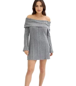 Kleider*O46bpx Damen Strick-Kleid mit Bardot-Ausschnitt Mini-Kleid Schulterfrei 912333 Grau