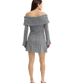 Kleider*O46bpx Damen Strick-Kleid mit Bardot-Ausschnitt Mini-Kleid Schulterfrei 912333 Grau