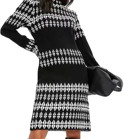 Kleider*O46bpx Damen Strick-Kleid mit Fairisle-Print Langarm-Kleid Herbst-Kleid 923627 Schwarz/Weiß