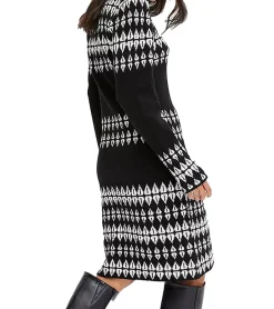 Kleider*O46bpx Damen Strick-Kleid mit Fairisle-Print Langarm-Kleid Herbst-Kleid 923627 Schwarz/Weiß