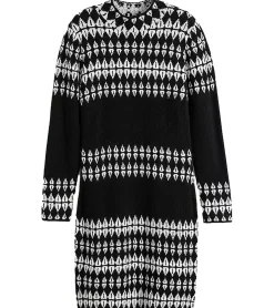 Kleider*O46bpx Damen Strick-Kleid mit Fairisle-Print Langarm-Kleid Herbst-Kleid 923627 Schwarz/Weiß