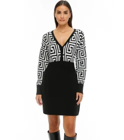 Kleider*O46bpx Damen Strick-Kleid mit graphischem Muster Mini-Kleid mit langen Ärmeln 976171 Schwarz/Weiß