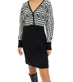Kleider*O46bpx Damen Strick-Kleid mit graphischem Muster Mini-Kleid mit langen Ärmeln 976171 Schwarz/Weiß