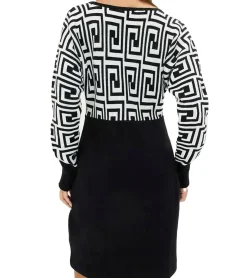 Kleider*O46bpx Damen Strick-Kleid mit graphischem Muster Mini-Kleid mit langen Ärmeln 976171 Schwarz/Weiß