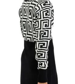 Kleider*O46bpx Damen Strick-Kleid mit graphischem Muster Mini-Kleid mit langen Ärmeln 976171 Schwarz/Weiß