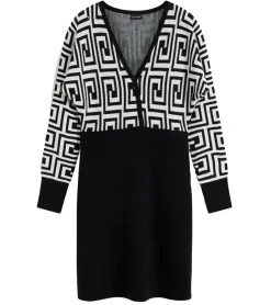 Kleider*O46bpx Damen Strick-Kleid mit graphischem Muster Mini-Kleid mit langen Ärmeln 976171 Schwarz/Weiß