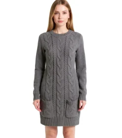 Kleider|Sweater & Pullover*O46bpx Damen Strick-Kleid mit Rollkragen Pullover-Kleid im Zopfmuster 907965 Grau