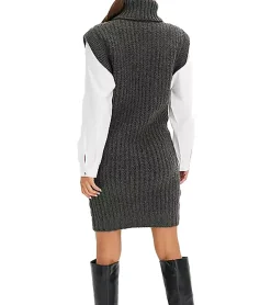 Kleider|Sweater & Pullover*O46bpx Damen Strick-Kleid mit Rollkragen Pullover-Kleid im Zopfmuster 964128 Grau