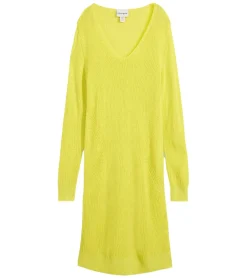 Große Größen|Kleider*O46bpx Damen Strick-Kleid mit V-Ausschnitt Midi-Kleid 970677 Gelb