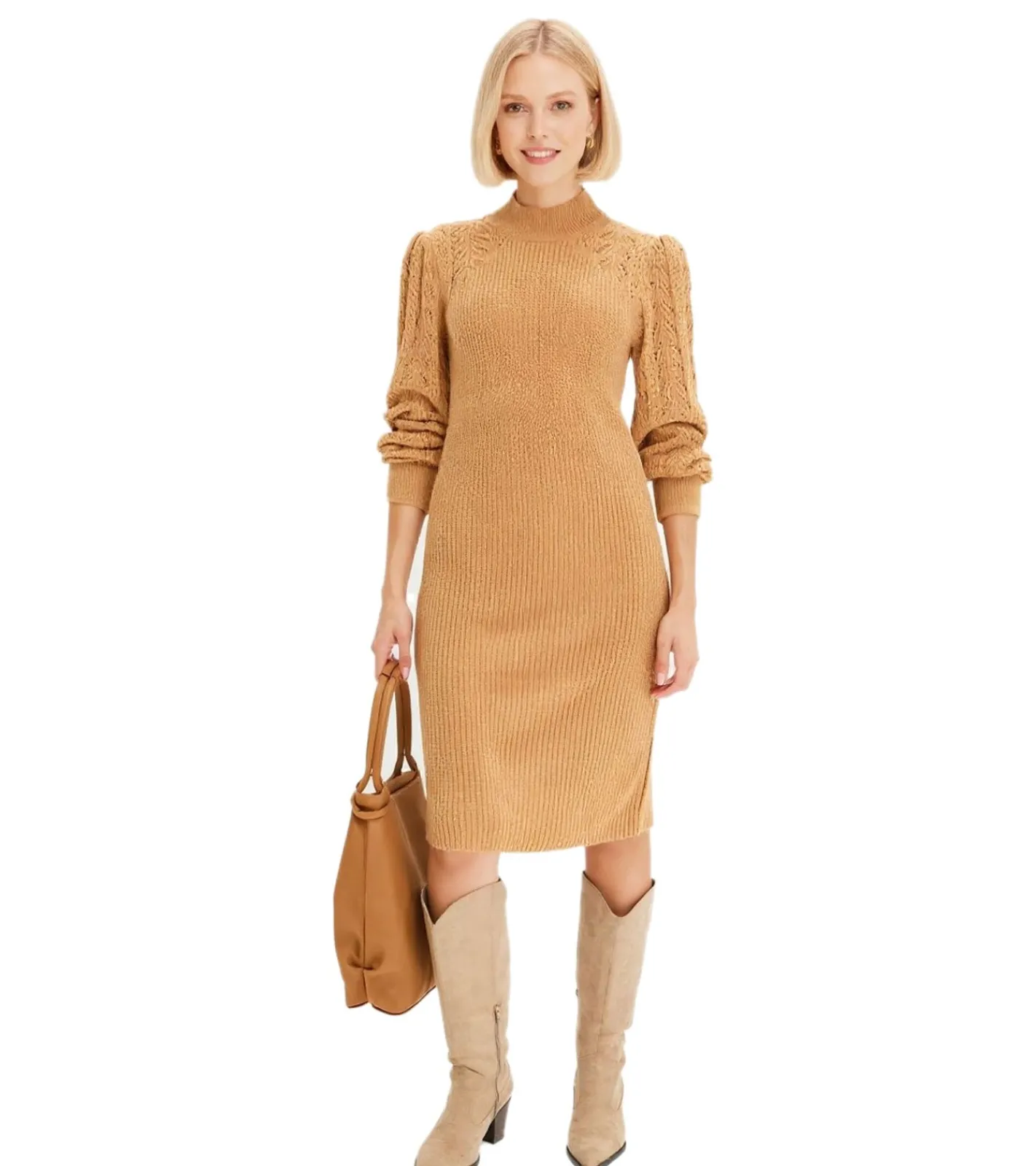 Kleider|Sweater & Pullover*O46bpx Damen Strick-Kleid modischer Long Strick-Pullover 965961 Beige