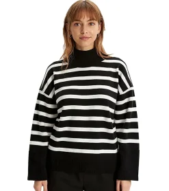 Sweater & Pullover*O46bpx Damen Strick-Pullover gestreifter Feinstrick-Pulli mit weiten Ärmeln 933284 Schwarz/Weiß