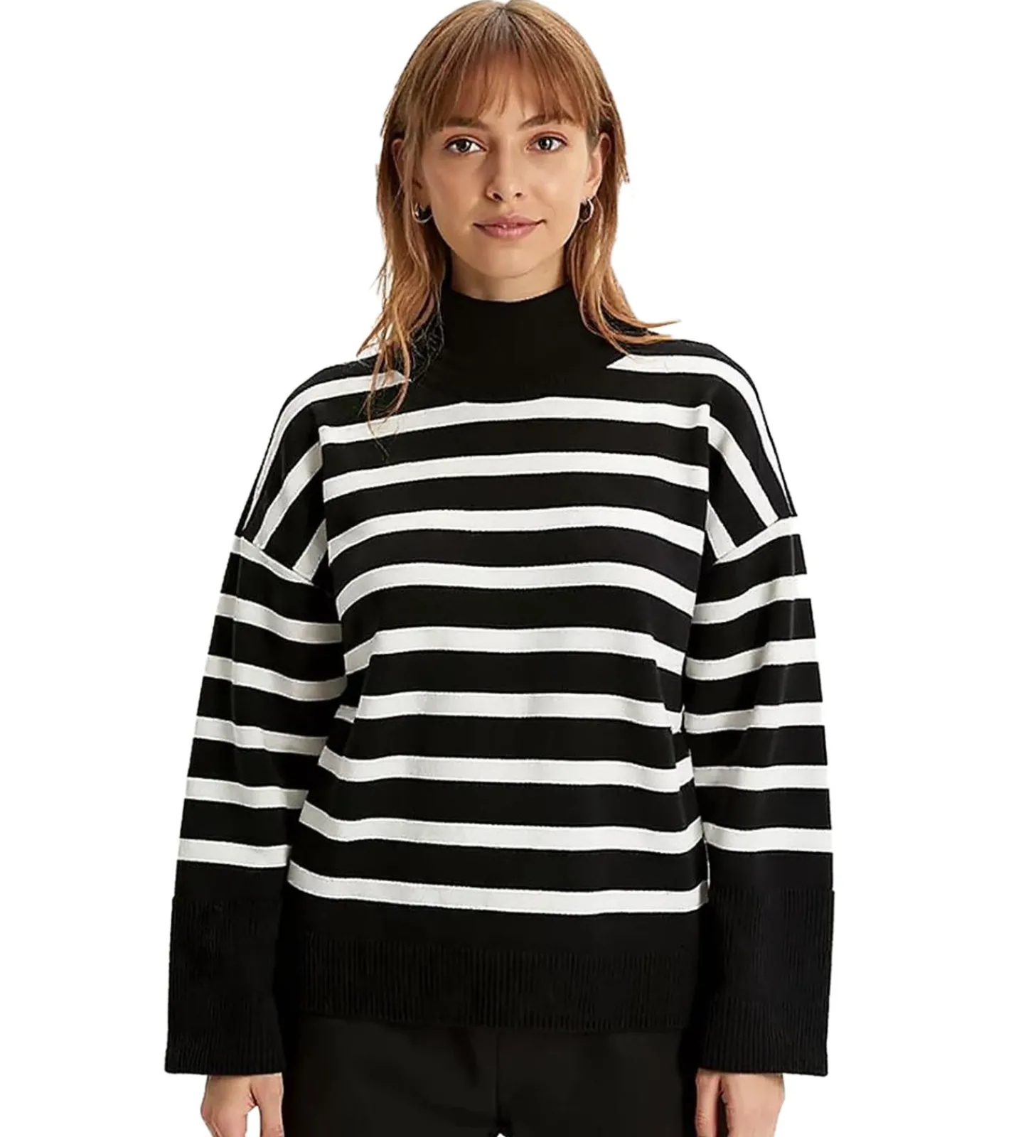 Sweater & Pullover*O46bpx Damen Strick-Pullover gestreifter Feinstrick-Pulli mit weiten Ärmeln 933284 Schwarz/Weiß