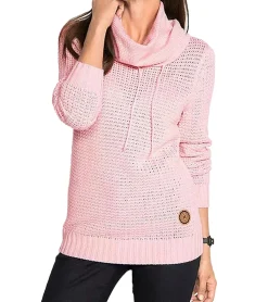 Sweater & Pullover*O46bpx Damen Strick-Pullover mit Rollkragen und Kordelzug im Zopfmuster Baumwoll-Pullover Freizeit-Sweater 962955 Rosa