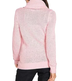Sweater & Pullover*O46bpx Damen Strick-Pullover mit Rollkragen und Kordelzug im Zopfmuster Baumwoll-Pullover Freizeit-Sweater 962955 Rosa