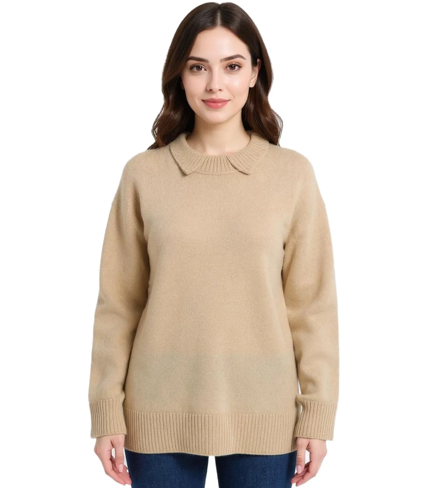 Sweater & Pullover*O46bpx Damen Strick-Pullover mit Kent-Kragen Oversized Alltags-Pullover Sweater 924028 Beige