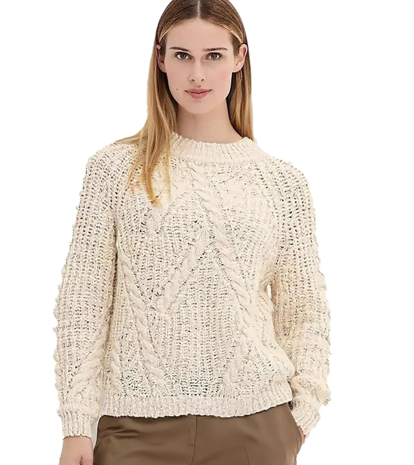 Sweater & Pullover*O46bpx Damen Strick-Pullover Woll-Pullover mit Zopfstrick-Muster Große Größen 905956 Beige
