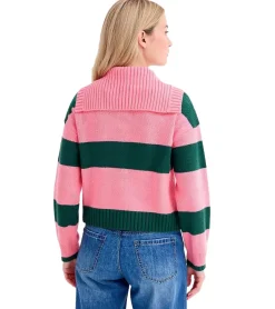 Große Größen|Sweater & Pullover*O46bpx Damen Strick-Troyer mit Knöpfen gestreifter Strick-Pulli Große Größen 974173 Rosa/Grün