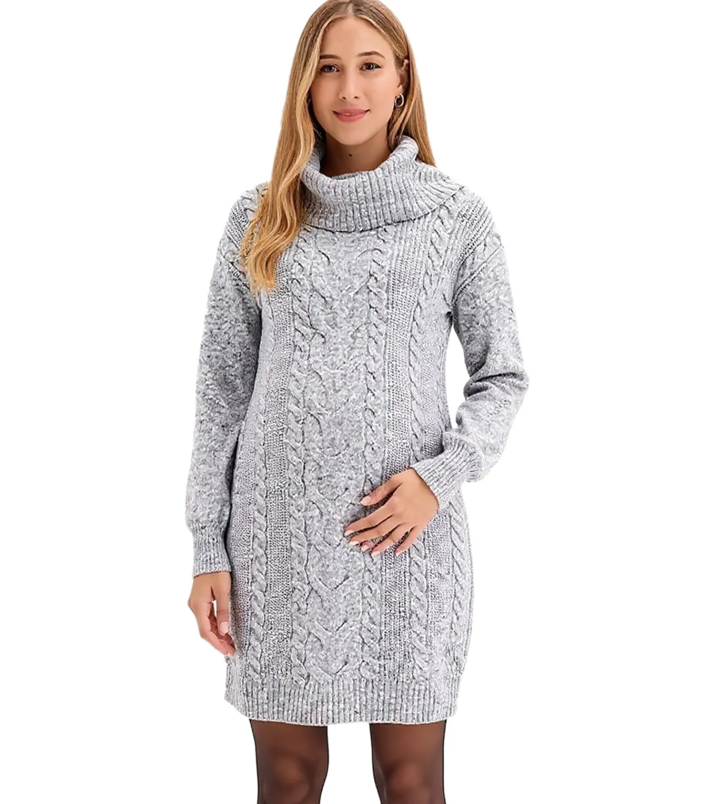 Kleider|Sweater & Pullover*O46bpx Damen Umstandskleid Strick-Kleid mit Rollkragen Pullover-Kleid im Zopfmuster Midi-Kleid 957557 Grau