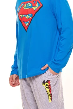 Nachtwäsche & Bademode*DC Comics Herren Superman Schlafanzug Pyjama-Set mit großem Logo auf der Brust Blau/Grau