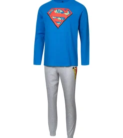 Nachtwäsche & Bademode*DC Comics Herren Superman Schlafanzug Pyjama-Set mit großem Logo auf der Brust Blau/Grau