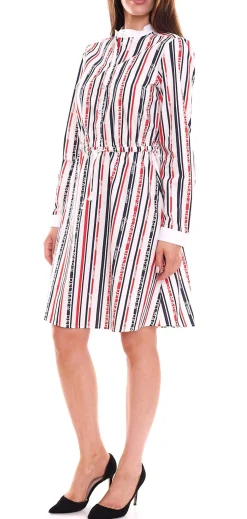 Kleider*DELMAO Damen Baumwoll-Kleid Mini-Kleid gestreiftes Langarm-Kleid Blusen-Kleid 10440711 Weiß/Blau/Rot