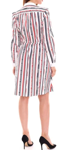 Kleider*DELMAO Damen Baumwoll-Kleid Mini-Kleid gestreiftes Langarm-Kleid Blusen-Kleid 10440711 Weiß/Blau/Rot