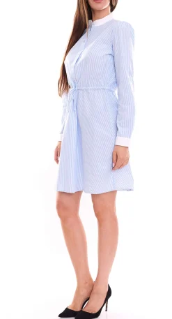 Kleider*DELMAO Damen Baumwoll-Kleid Mini-Kleid gestreiftes Langarm-Kleid Blusen-Kleid Weiß/Blau oder Weiß/Blau/Rot