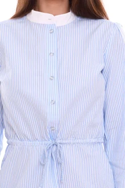 Kleider*DELMAO Damen Baumwoll-Kleid Mini-Kleid gestreiftes Langarm-Kleid Blusen-Kleid Weiß/Blau oder Weiß/Blau/Rot