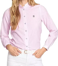 Poloshirts & Blusen*DELMAO Damen Bluse Baumwoll-Hemd mit angesetzten Rüschen 27264507 Rosa/Weiß