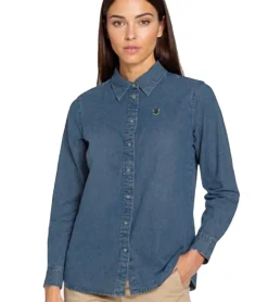 Poloshirts & Blusen*DELMAO Damen Jeans-Bluse Baumwoll-Hemd mit durchgehender Knopfleiste 99855860 Blau