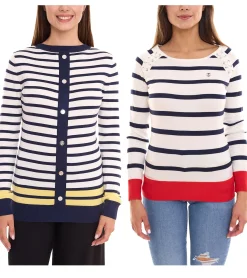 Sweater & Pullover*DELMAO Damen Langarm-Shirt gestreiftes Rundhals-Sweatshirt mit Schnürung oder Knöpfen /Rot oder Blau/Weiß