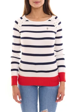 Sweater & Pullover*DELMAO Damen Langarm-Shirt gestreiftes Rundhals-Sweatshirt mit Schnürung oder Knöpfen /Rot oder Blau/Weiß